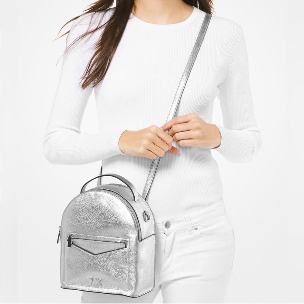 MICHAEL KORS Jessa Small Metallic silver Pebbled Leather Convertible Backpack